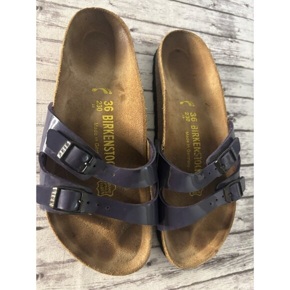 Birkenstock Ibiza 36 Womens 5.5 Purple Double Patent Leather Strap Birko Slides - Picture 1 of 8